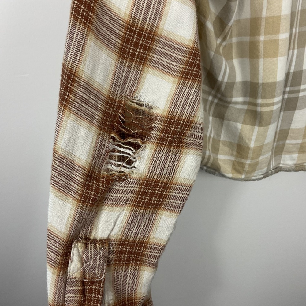 American Eagle Cropped Flannel Hoodie Shirt Plaid Distressed Womens Medium - Picture 4 of 7